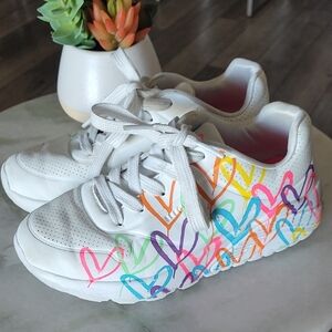 Skechers White Sneakers with Colorful Heart Design